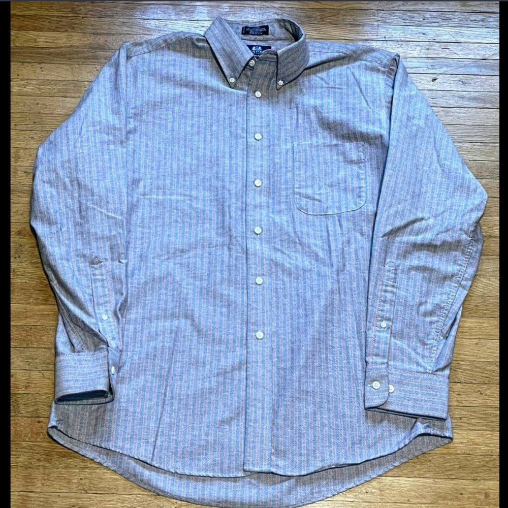 VTG Men's STAFFORD Red/Blue Vertical Stripe OXFORD Button-Down Shirt USA MADE L